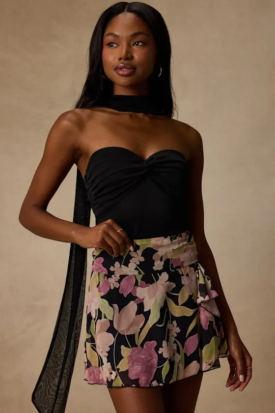 Bayla Black Multi Floral Ruffled Mini Skirt sold by Lulus