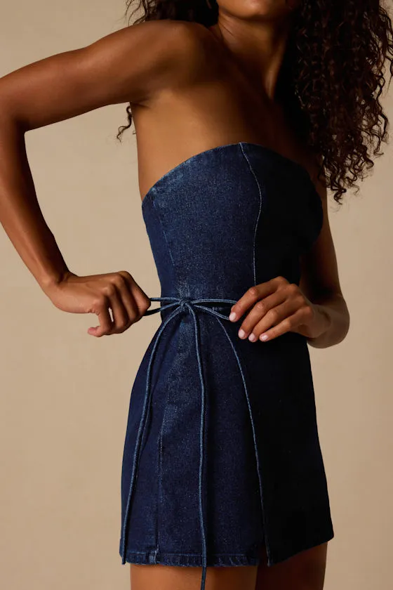 Ena Dark Wash Denim Skort Romper sold by Lulus product image thumbnail 4