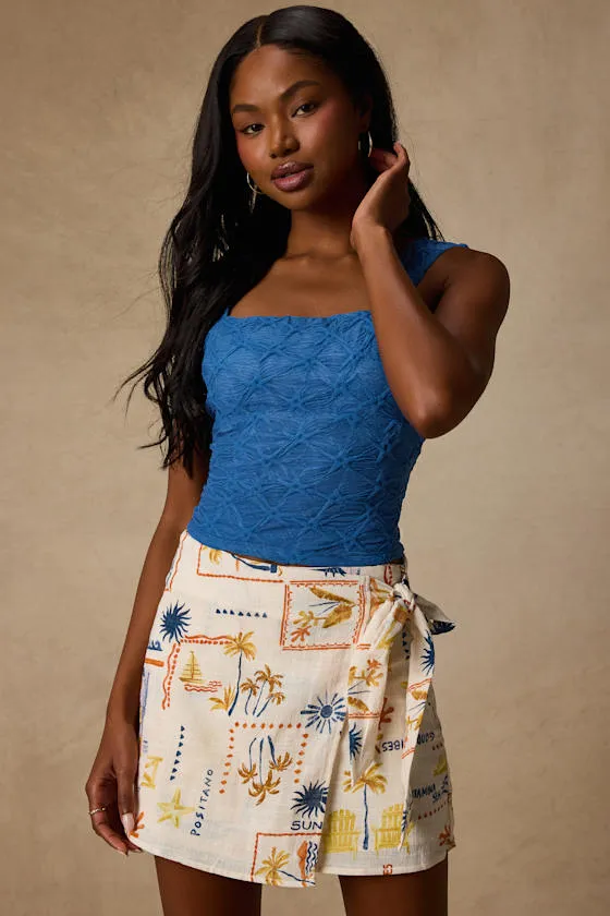 Marella Bright Blue Textured Tie-Back Tank Top sold by Lulus