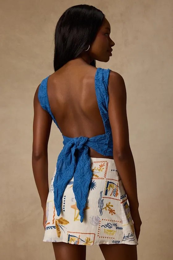 Marella Bright Blue Textured Tie-Back Tank Top sold by Lulus product image thumbnail 2