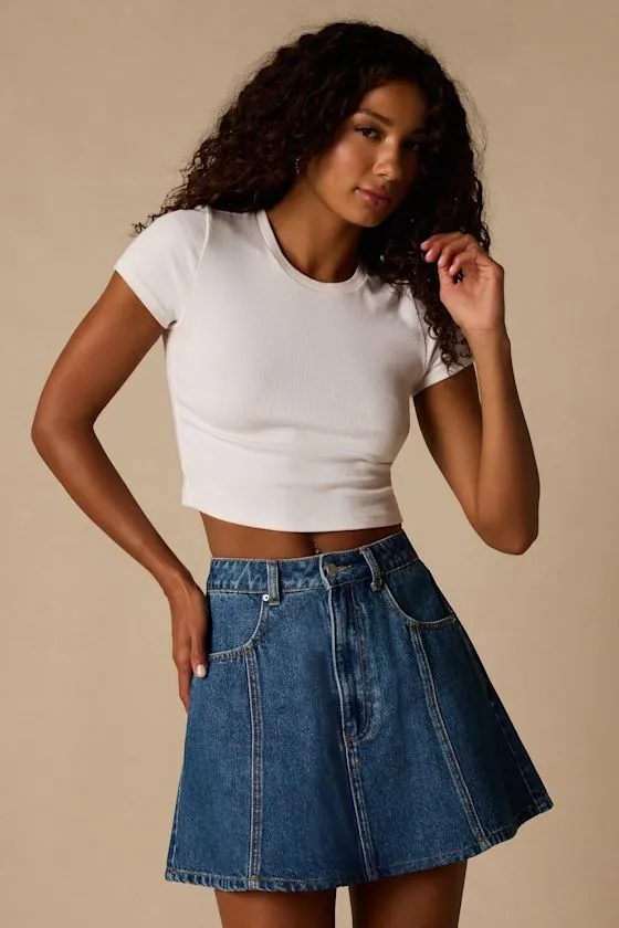 Minola Medium Wash Denim Skater Mini Skirt sold by Lulus
