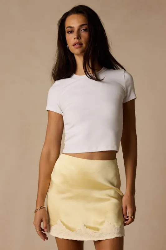 Rosemary Light Yellow Satin Lace Mini Skirt made by Lulus