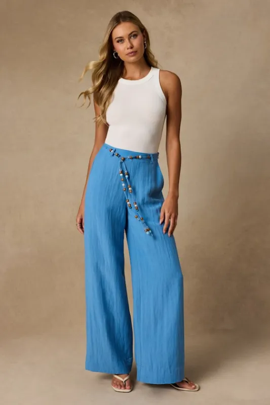 Evaline Turquoise Beaded Belt Wide-Leg Pants made by Lulus