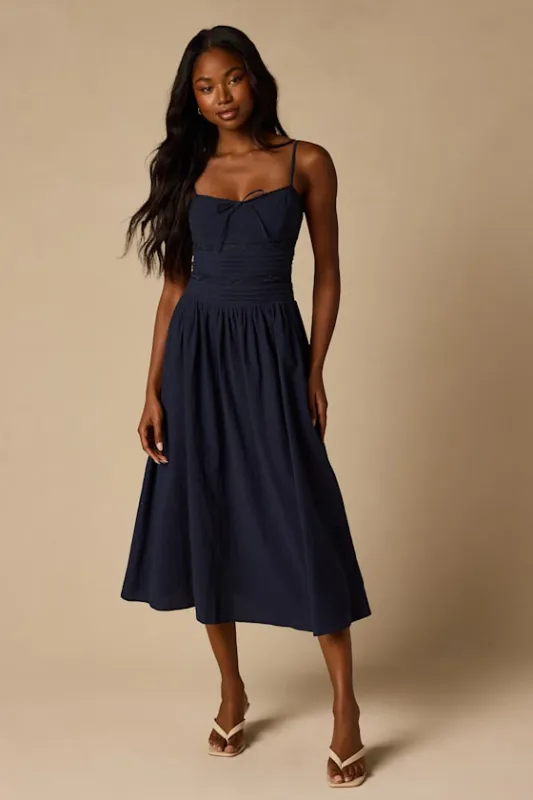 Elina Navy Pleated Midi Dress made by Lush