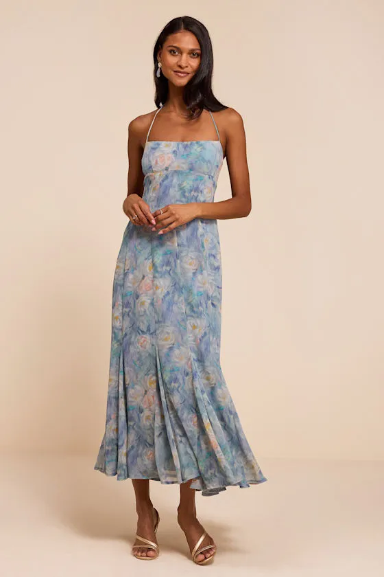 Zaida Light Blue Multi Floral Halter Midi Dress sold by Lulus