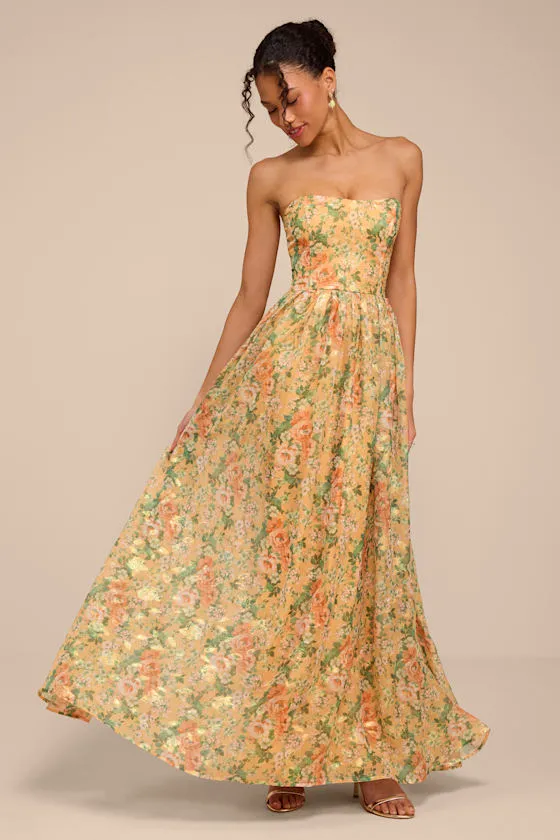 Claudia Light Orange Multi Floral Strapless Maxi Dress sold by Lulus