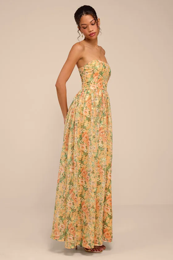 Claudia Light Orange Multi Floral Strapless Maxi Dress sold by Lulus product image thumbnail 4