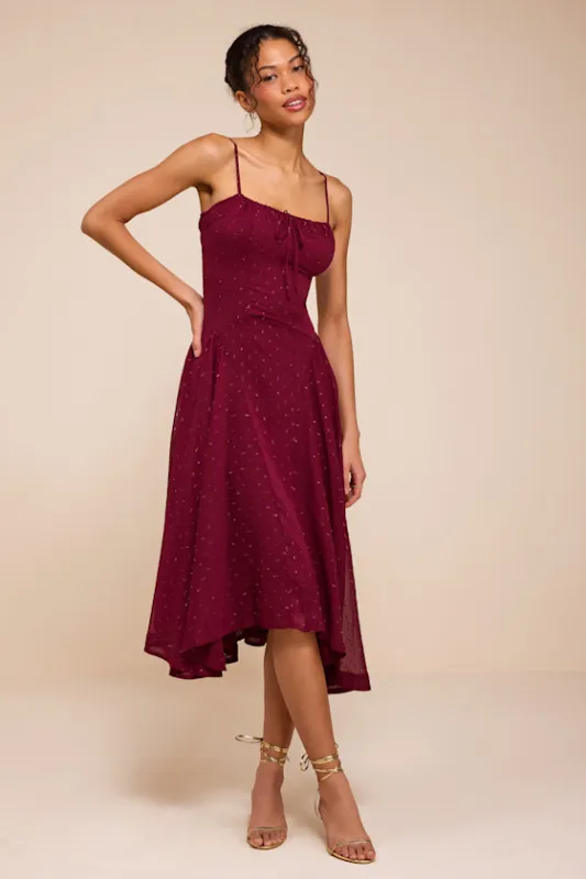 Arianna Burgundy Clip Dot Lurex Midi Dress made by Lulus