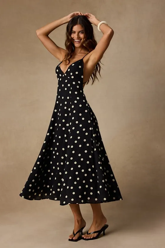 Oraya Black Polka Dot Tie-Back Midi Dress sold by Lulus