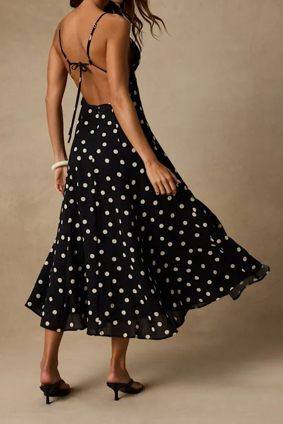 Oraya Black Polka Dot Tie-Back Midi Dress sold by Lulus product image thumbnail 3