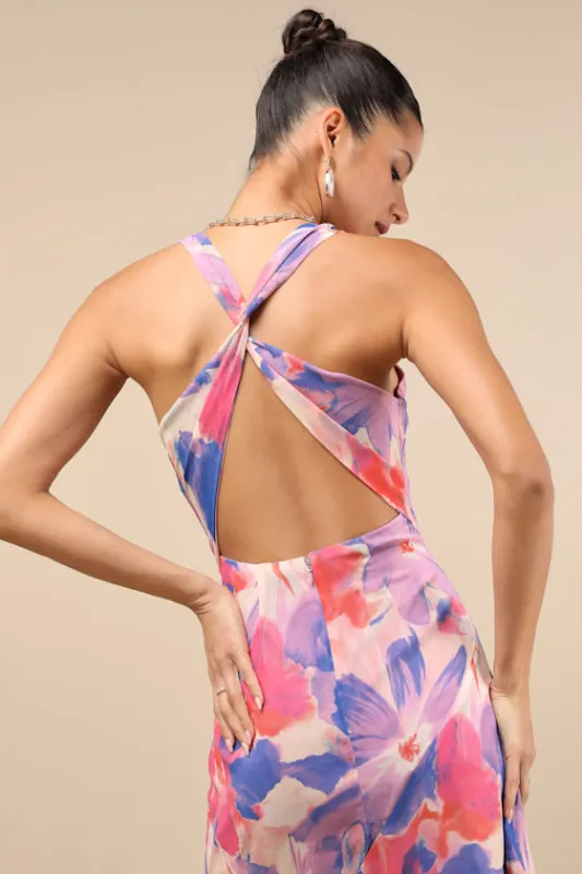Delight in Elegance Pink and Blue Multi Floral Halter Midi Dress made by Lulus