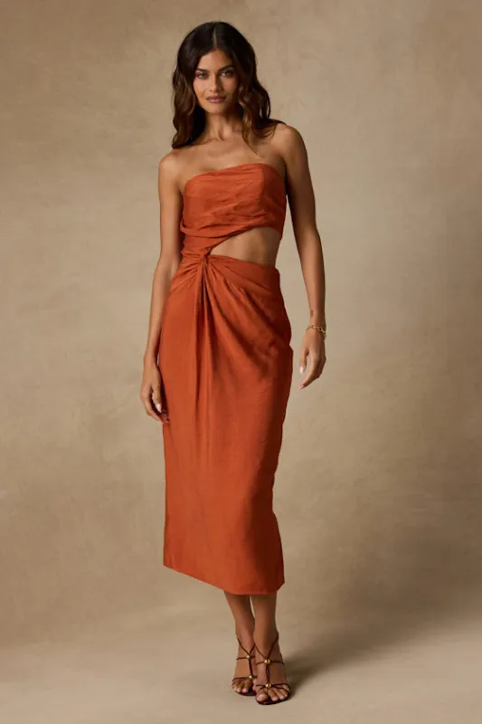 Zisel Terracotta Cutout Strapless Midi Dress made by Lulus