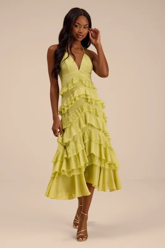 Melena Chartreuse Ruffled Lace Midi Dress made by Lulus