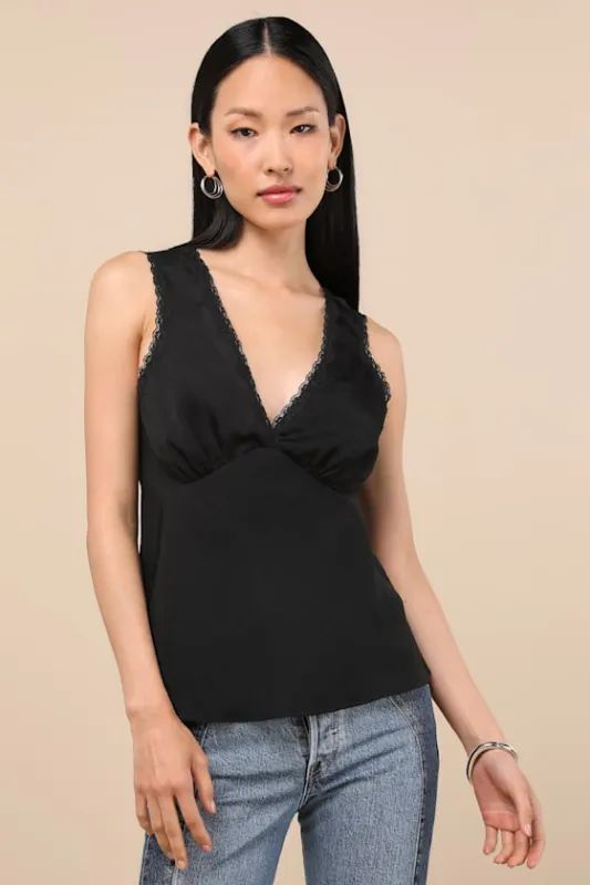 Lowenna Black Satin Lace Tank Top made by Lulus