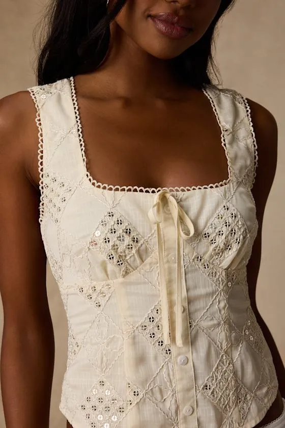 Antionette Cream Embroidered Sequin Button-Front Top sold by Lulus product image thumbnail 4