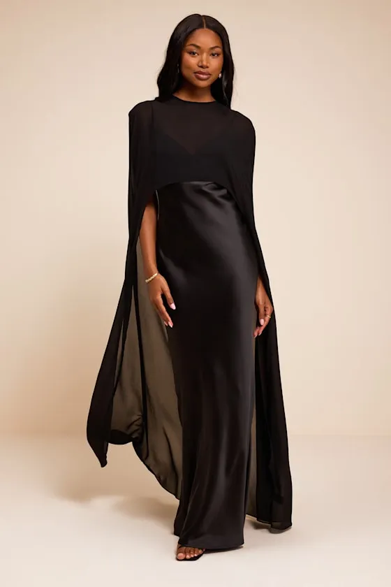 Cavana Black Satin Cape Maxi Dress sold by Lulus