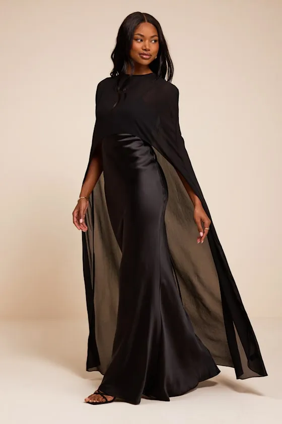 Cavana Black Satin Cape Maxi Dress sold by Lulus product image thumbnail 4