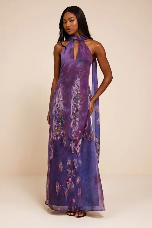 Calixta Purple Abstract Chiffon Sash Shift Maxi Dress made by Lulus