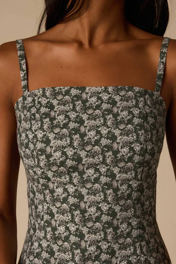 Teagan Dark Olive Floral Twill Mini Dress sold by Lulus product image thumbnail 4