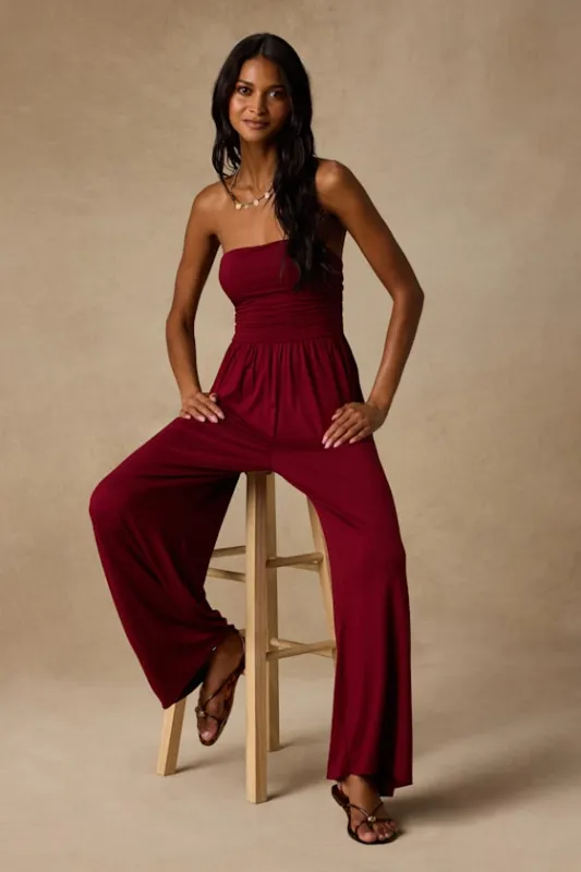 Flirty Posture Burgundy Jersey Knit Strapless Jumpsuit made by Lush