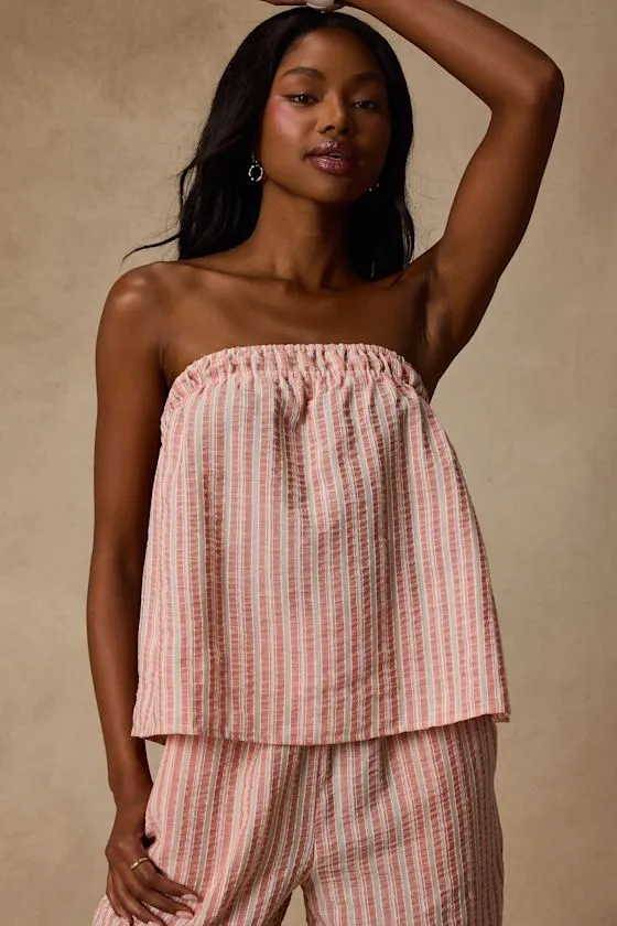 Billie Pink Striped Cotton Strapless Top sold by Lulus