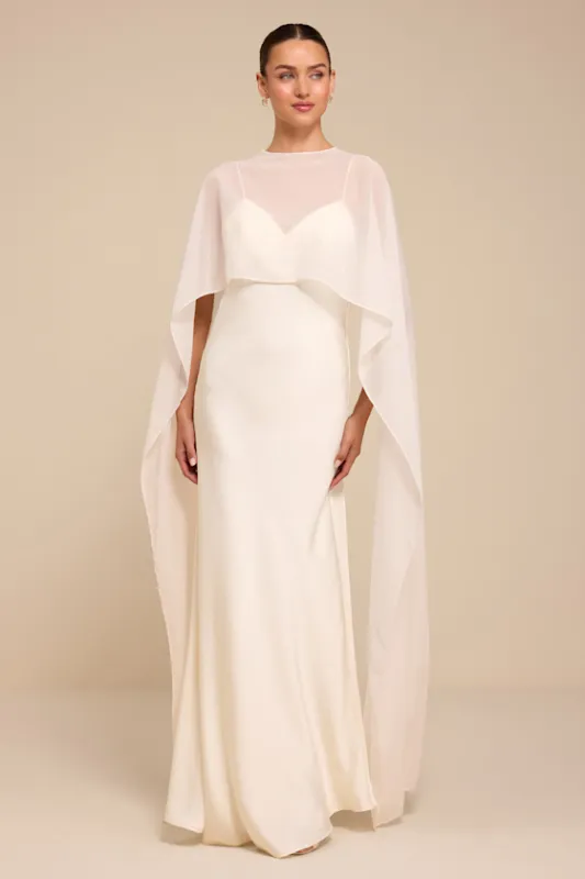 Mercedes White Satin Cape Wedding Dress made by Lulus