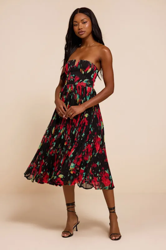 Renna Black Multi Abstract Strapless Midi Dress made by Lulus
