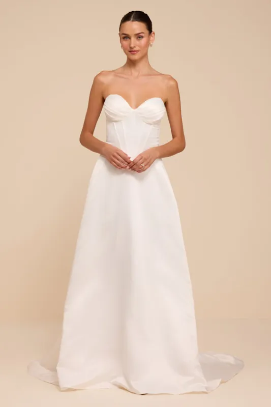 Gwen White Satin Bustier Wedding Dress made by Lulus