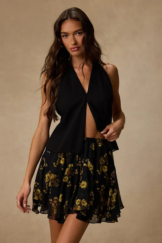 Rylan Black Floral Skater Mini Skirt sold by Lulus