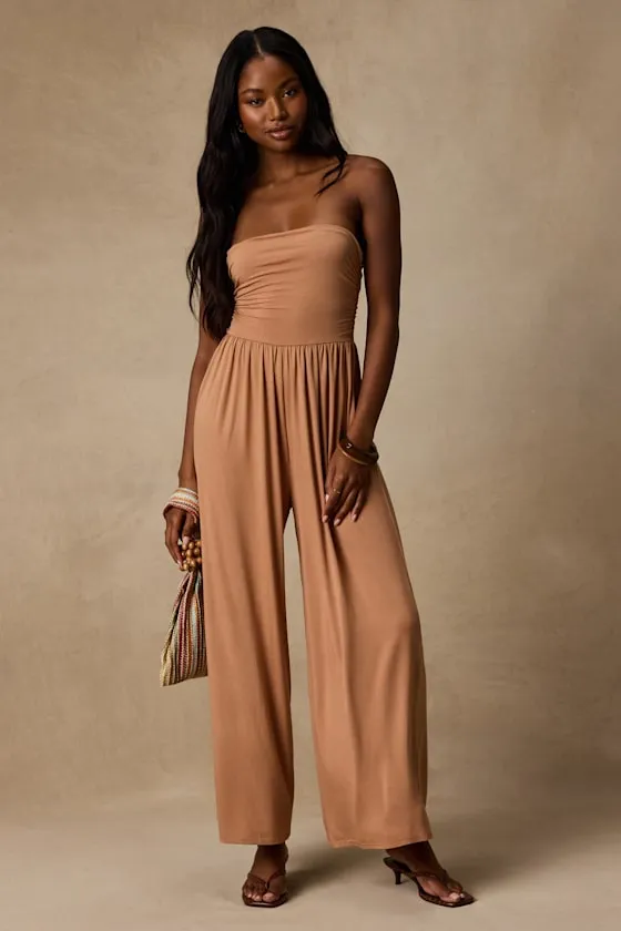 Flirty Posture Light Brown Jersey Knit Strapless Jumpsuit sold by Lulus