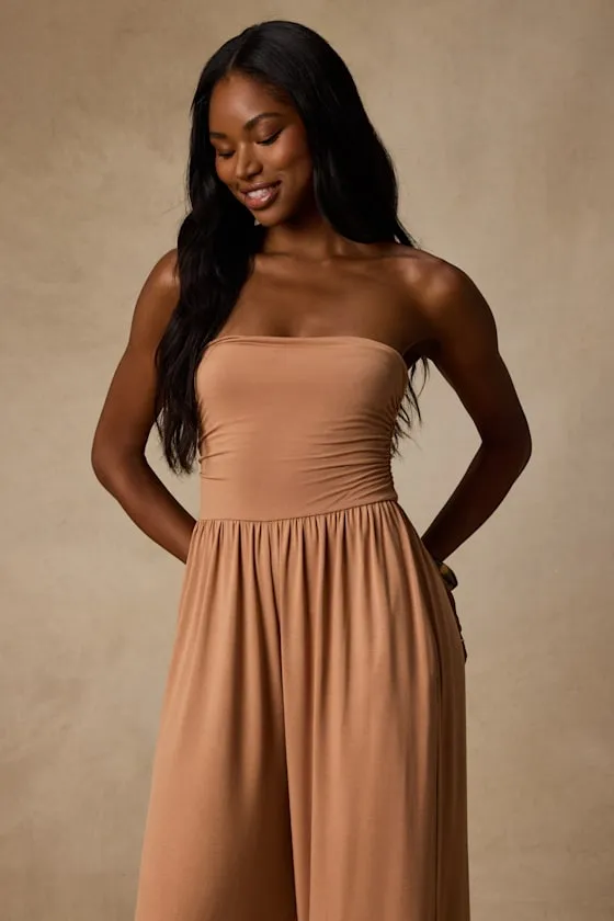 Flirty Posture Light Brown Jersey Knit Strapless Jumpsuit sold by Lulus product image thumbnail 2