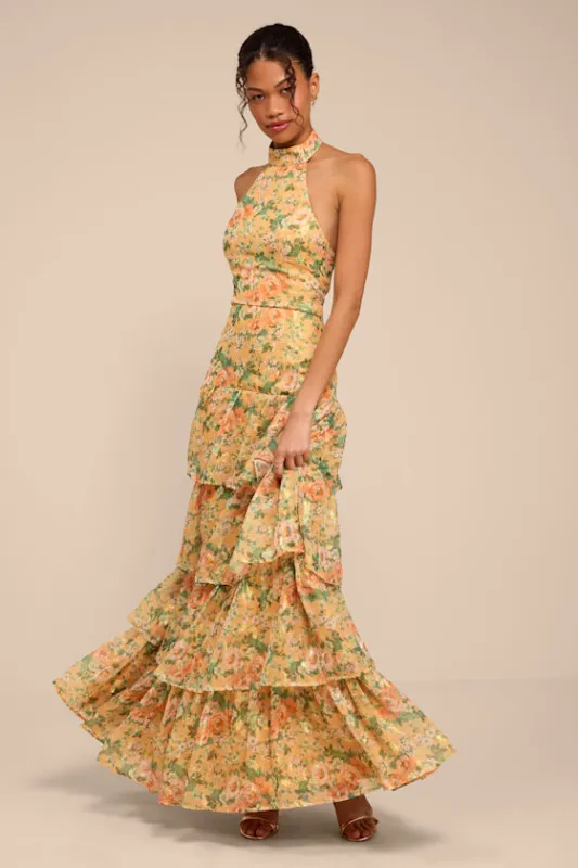 Cynthia Yellow Multi Floral Tiered Maxi Dress made by Lulus