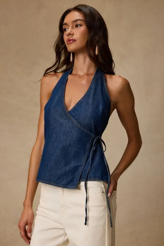 Soleil Dark Wash Denim Halter Wrap Top made by Lulus