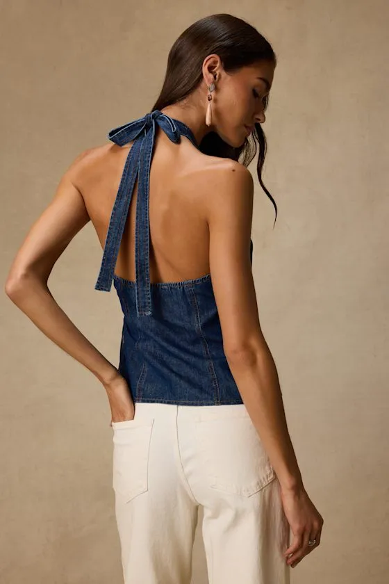 Soleil Dark Wash Denim Halter Wrap Top sold by Lulus product image thumbnail 3