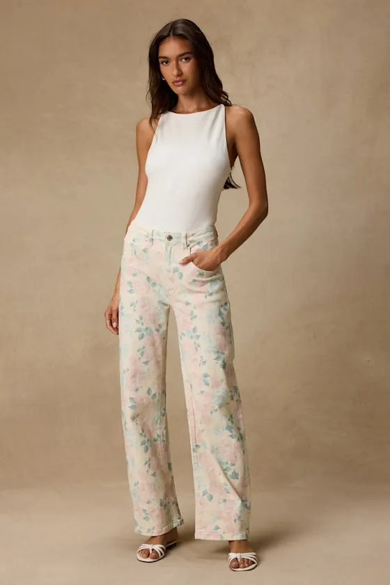 Sydnee Cream Multi Floral Wide-Leg Jeans sold by Lulus