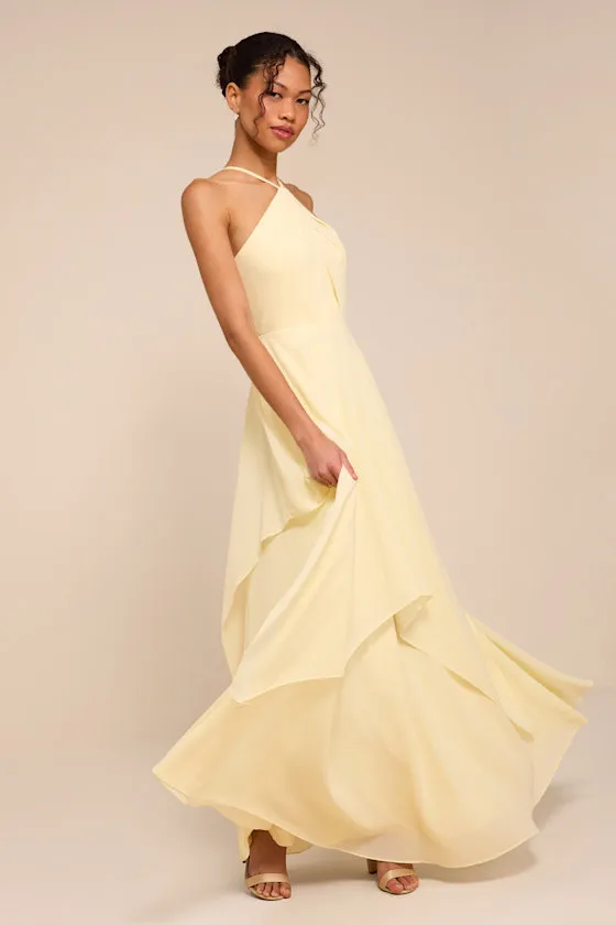 Aletta Pale Yellow Tiered Halter Maxi Dress sold by Lulus