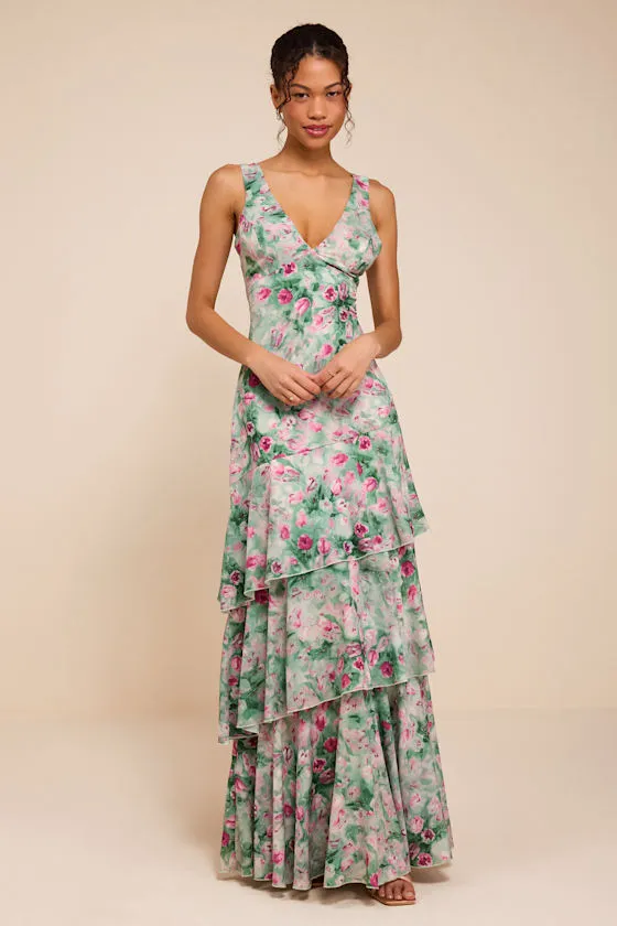 Somerset Sage Multi Floral Tiered Maxi Dress sold by Lulus