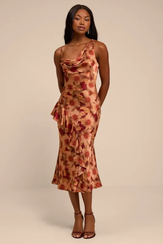 Roxanne Rust Multi Floral Satin Asymmetrical Midi Dress made by Lulus