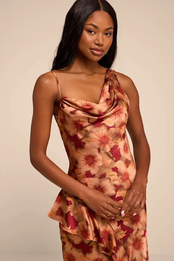 Roxanne Rust Multi Floral Satin Asymmetrical Midi Dress sold by Lulus product image thumbnail 2