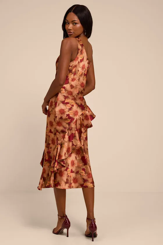 Roxanne Rust Multi Floral Satin Asymmetrical Midi Dress sold by Lulus product image thumbnail 3