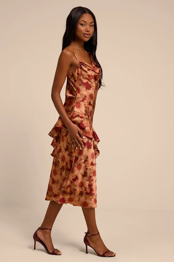 Roxanne Rust Multi Floral Satin Asymmetrical Midi Dress sold by Lulus product image thumbnail 4