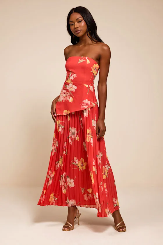 Novena Red Orange Multi Floral Drop Waist Midi Dress sold by Lulus