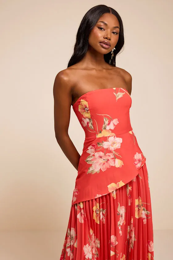 Novena Red Orange Multi Floral Drop Waist Midi Dress sold by Lulus product image thumbnail 2