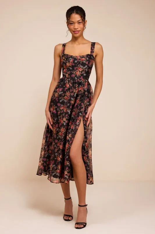 Francesca Black Floral Sleeveless Midi Dress made by Lulus
