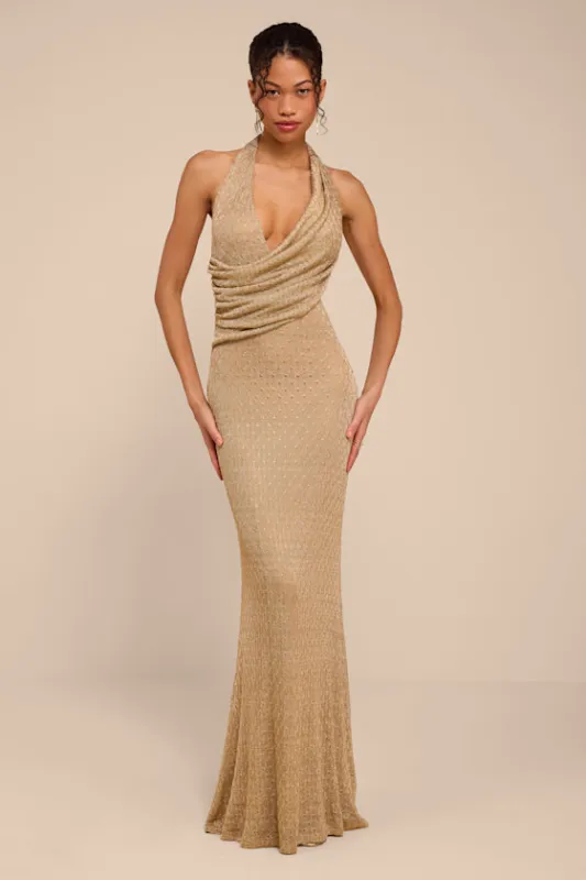 Grace Gold Knit Ruched Halter Maxi Dress made by Lulus