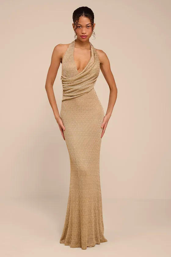Grace Gold Knit Ruched Halter Maxi Dress sold by Lulus