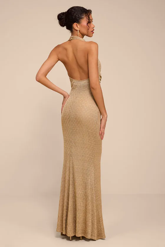 Grace Gold Knit Ruched Halter Maxi Dress sold by Lulus product image thumbnail 3