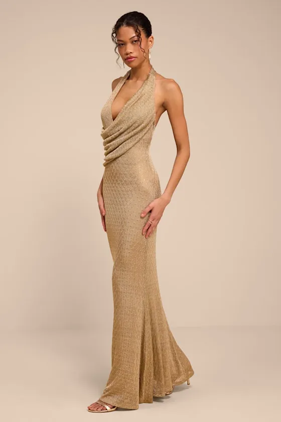Grace Gold Knit Ruched Halter Maxi Dress sold by Lulus product image thumbnail 4
