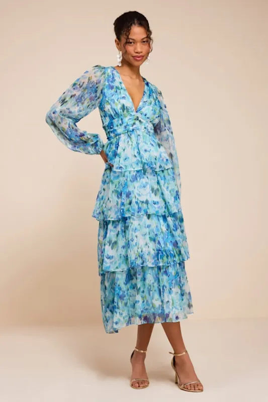 Macy Light Blue Multi Floral Tiered Midi Dress made by Lulus