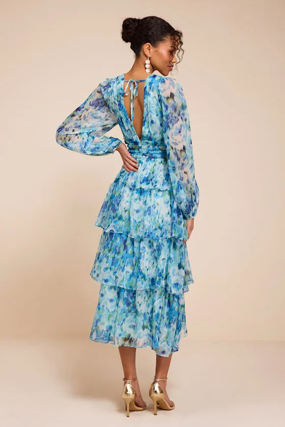Macy Light Blue Multi Floral Tiered Midi Dress sold by Lulus product image thumbnail 3